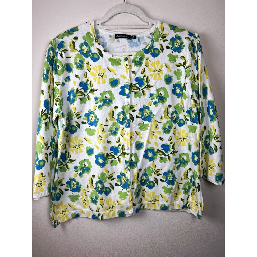 Vintage Notations XL Floral Knit Button Cardigan Sweater Round Neck 3/4 Y2K